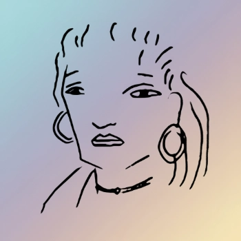 Dibujo lineal de una persona con pendientes de aro collar y pelo liso sobre un fondo de degradado pastel